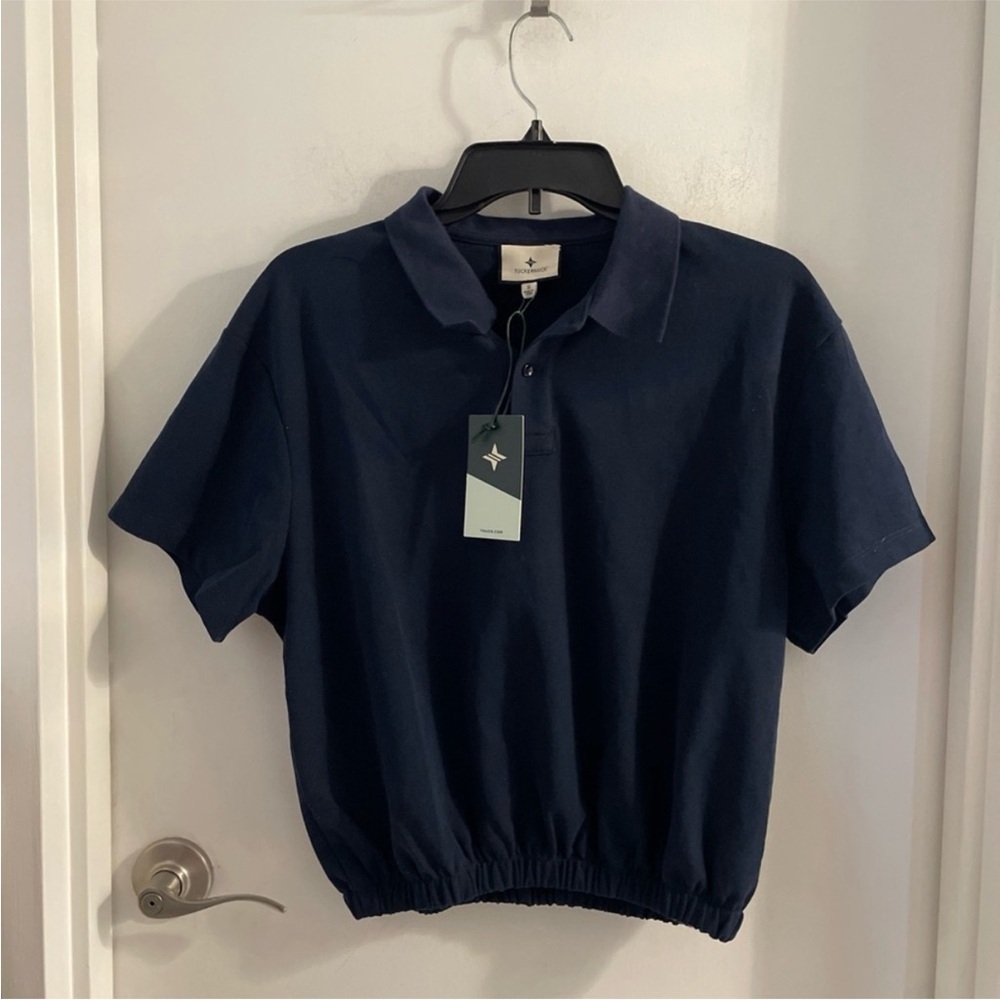 Tuckernuck Sport Polo Shirt Cropped Cinch Waist Navy Blue Performance Sz XS NEW